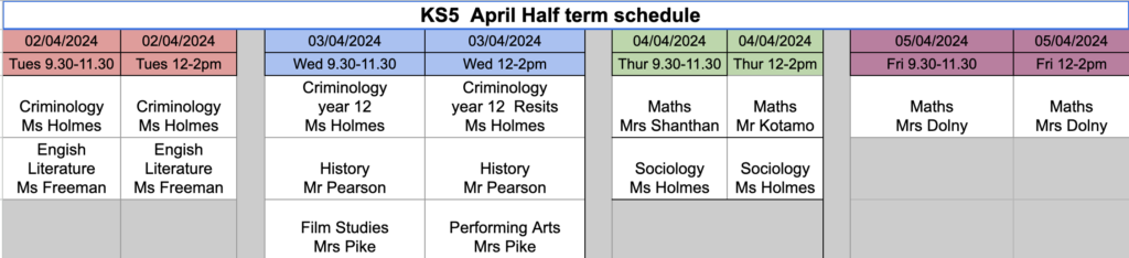 Year 13 Easter Intervention Schedule