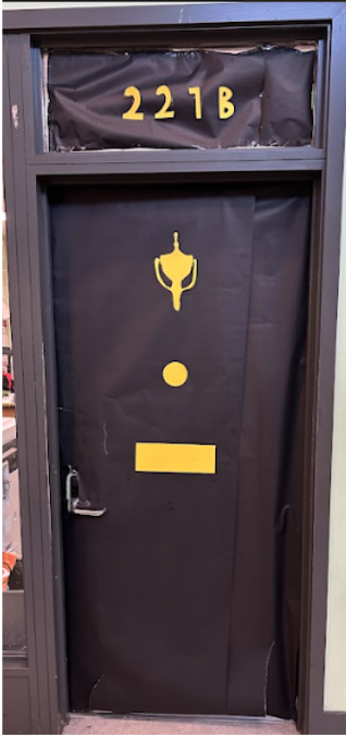 Classroom door decorated to be Sherlock Holmes' house